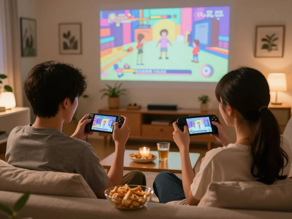 Cozy couple enjoying lewdspot adult games on handheld devices with snacks