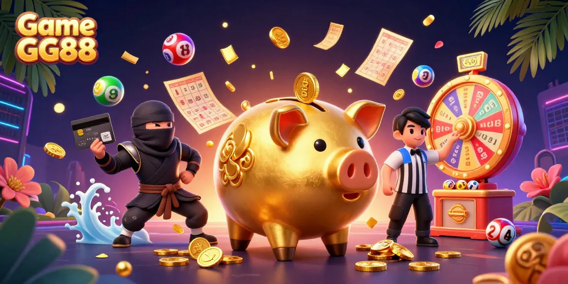 Experience the excitement of Game GG88 as colorful lottery balls and golden prizes rain down in this vibrant casino scene.