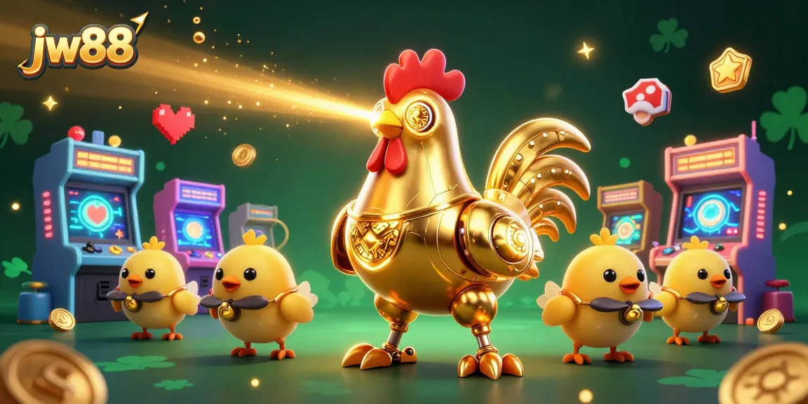 Play thrilling games at jw88 with a vibrant 3D scene showcasing a golden rooster robot and baby chick drones!