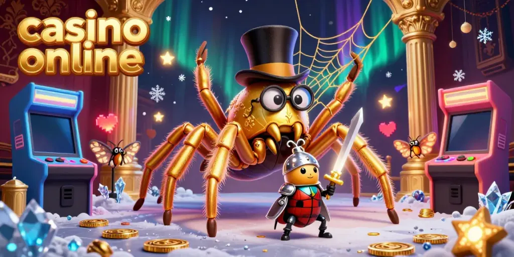 Exciting casino online scene featuring a giant golden tarantula and a beetle knight amidst vibrant game elements.