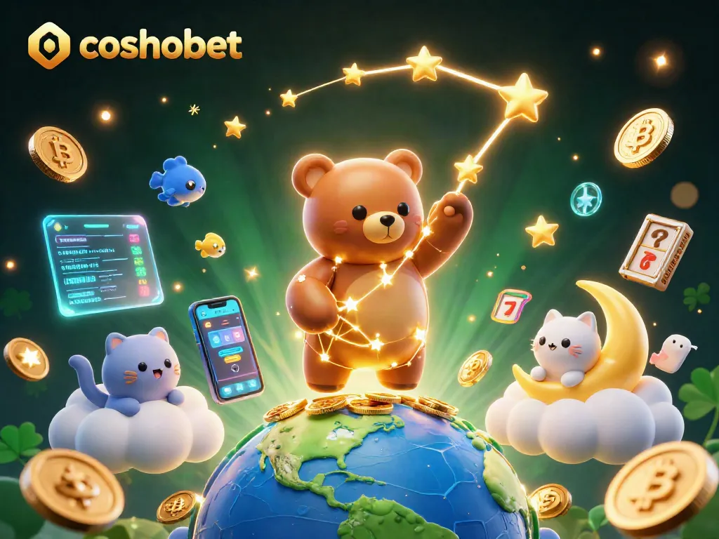Engage with cosmobet's vibrant 3D casino illustration featuring a constellation bear and crypto elements.