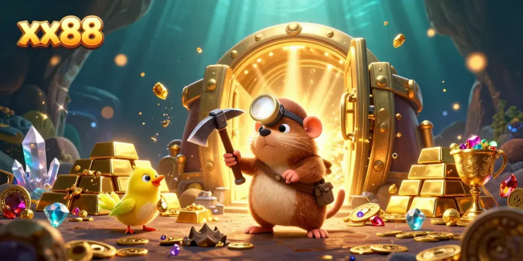 xx88 treasure hunter mole discovers riches in a vibrant 3D casino setting with glowing gems and gold.