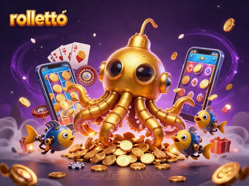 Win big with rolletto in a mesmerizing 3D casino scene filled with swirling coins and dynamic game elements.