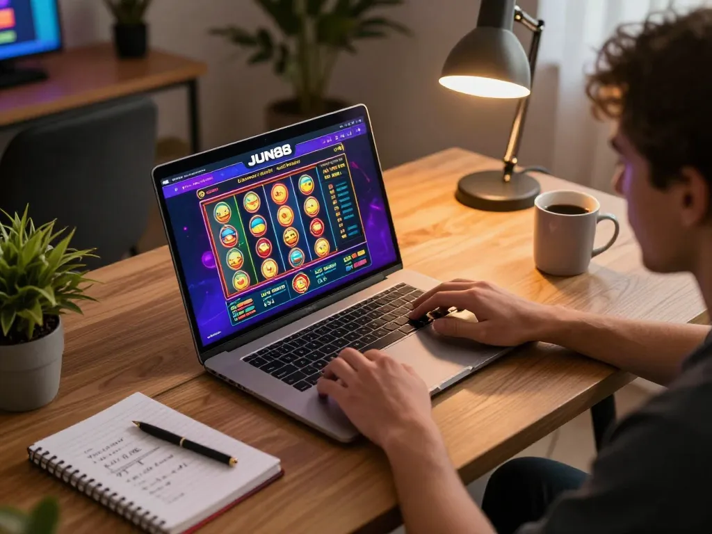 Join the excitement of JUN88 with a dynamic online gaming scene featuring vibrant slot machines.