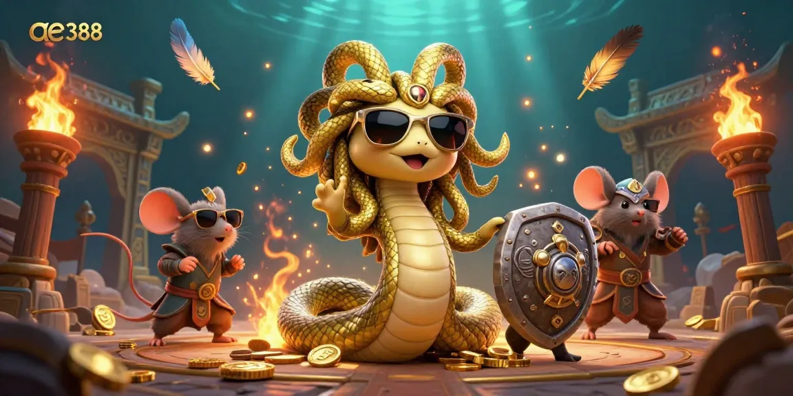 Experience the thrill of ae 388 with Medusa and a warrior mouse amidst vibrant betting tokens and gold coins.