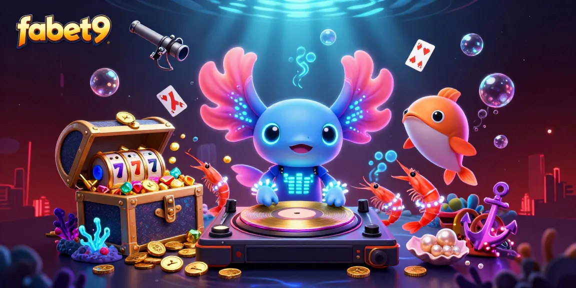 Experience the thrilling gaming scene of fabet9 featuring a vibrant DJ axolotl and dancing shrimp.