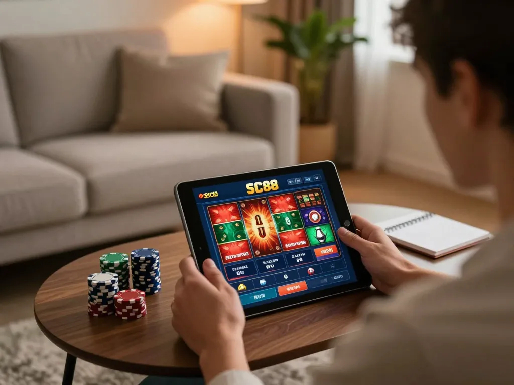 Player enjoying online gaming experience with SC88 app in cozy living room setting