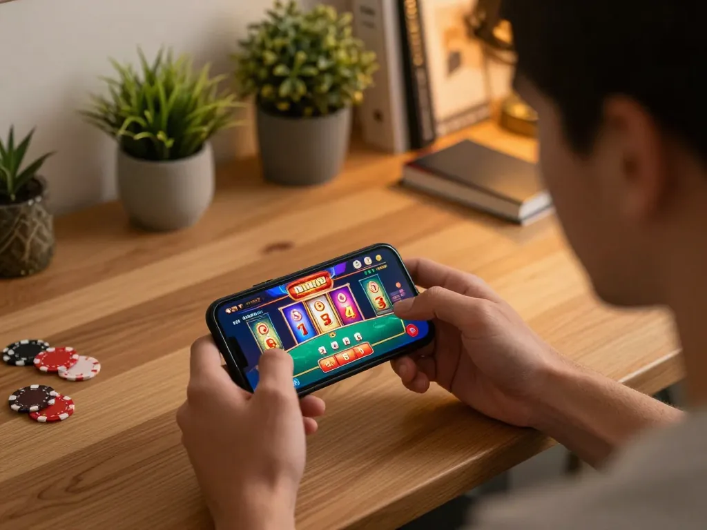 Player engaging with iwin mobile app, showcasing exciting gameplay on a cozy smartphone setup.