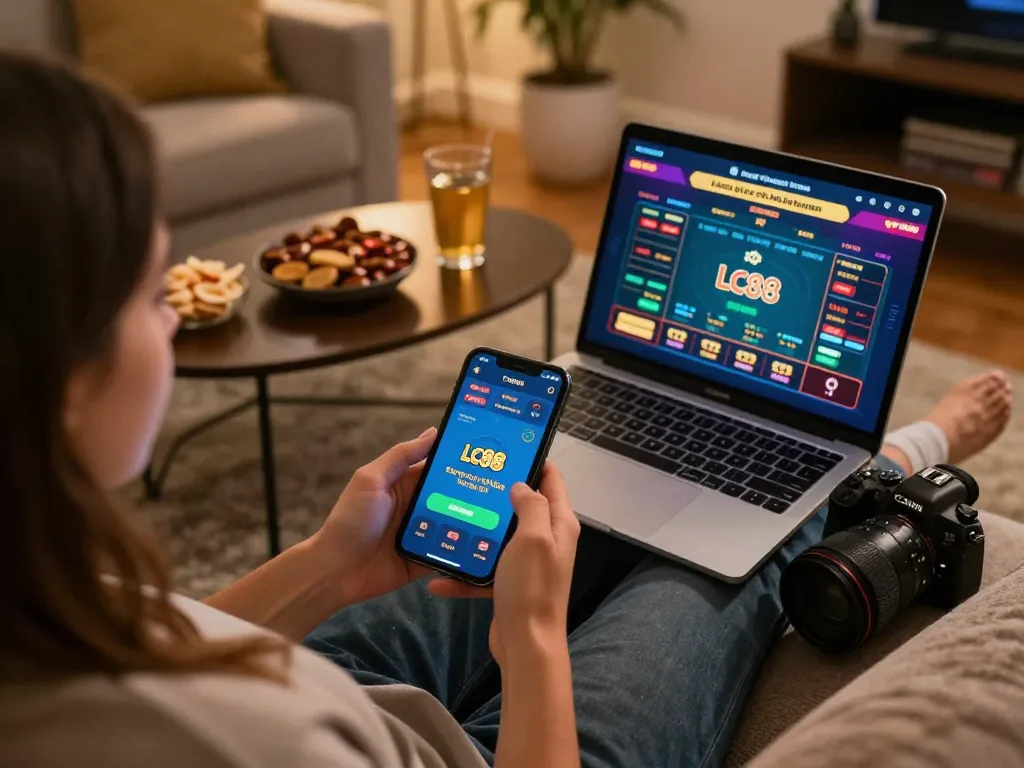 Engaging with a mobile casino app featuring LC88, showcasing the online gambling experience.