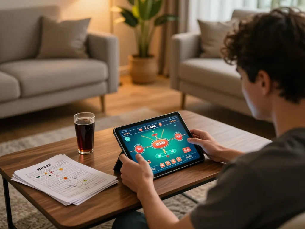 Engaging in tài xỉu gameplay on a tablet, showcasing strategy and entertainment at home