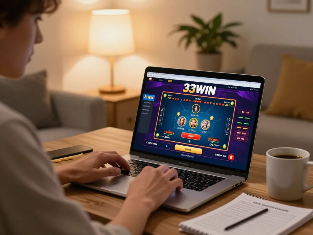 Engaging with 33WIN live dealer game on laptop in a cozy home setup.