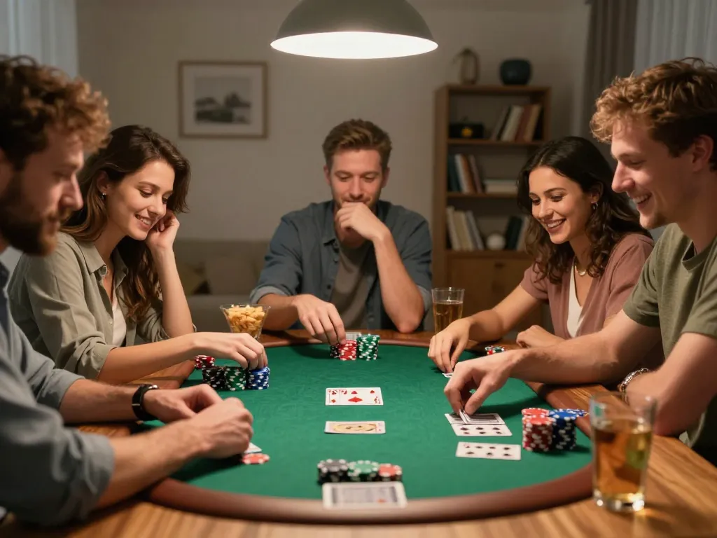 Engaging scene with friends enjoying poker, highlighting rokok88 login for online gaming support.