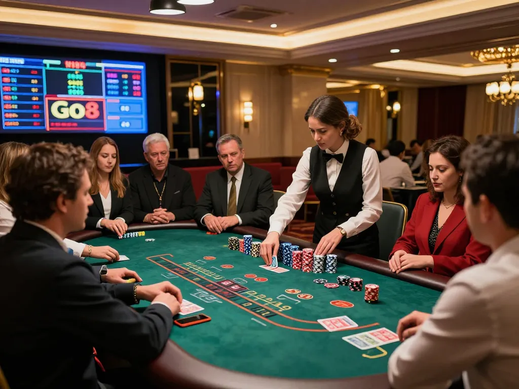Players enjoying an exciting blackjack game at Go8 casino with vibrant lighting and attentive croupier.