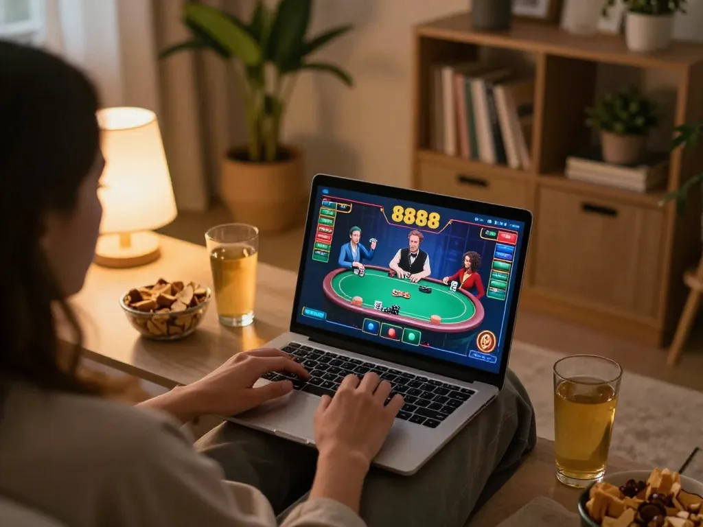 Engaged player enjoying 888slot online gaming on laptop, cozy home atmosphere