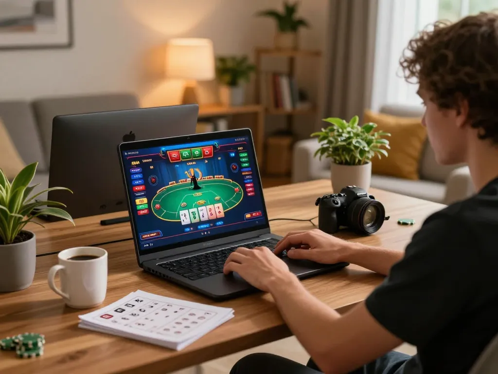 Engaging online poker game interface on laptop for 888b users with strategic notes and a cozy atmosphere.