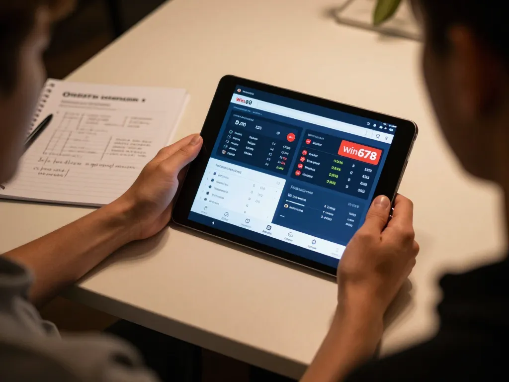 Placing strategic bets on win678's sports betting platform while reviewing notes for better odds.