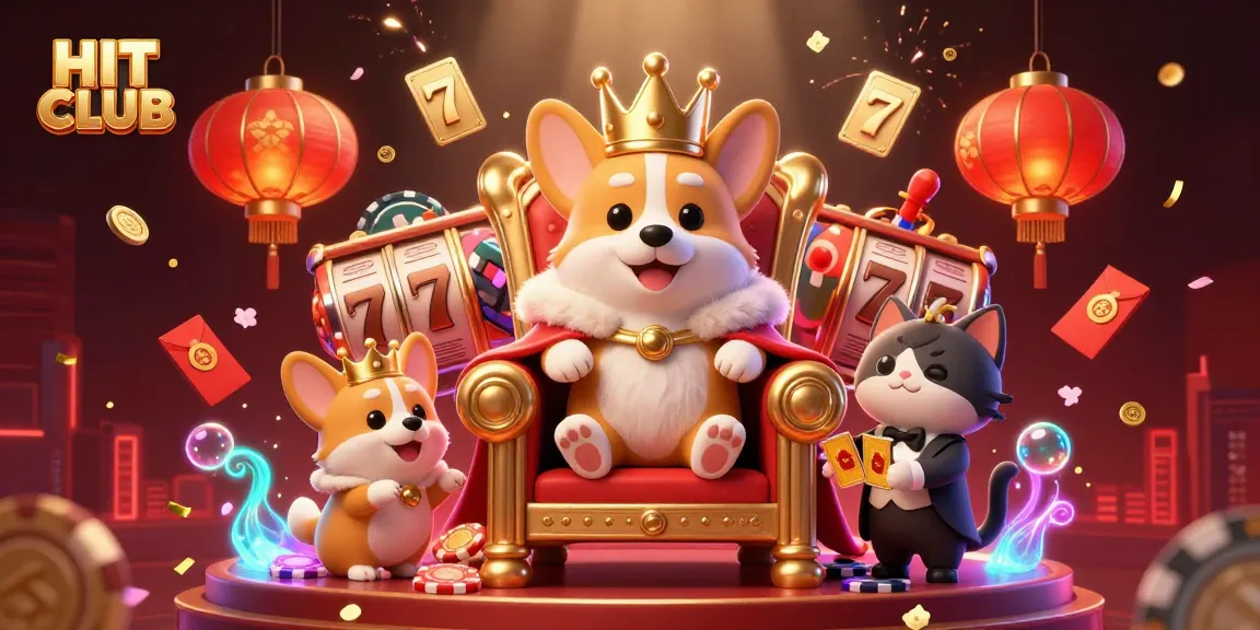 Engage in the HIT CLUB gaming scene with 3D royal corgi and dazzling casino elements.