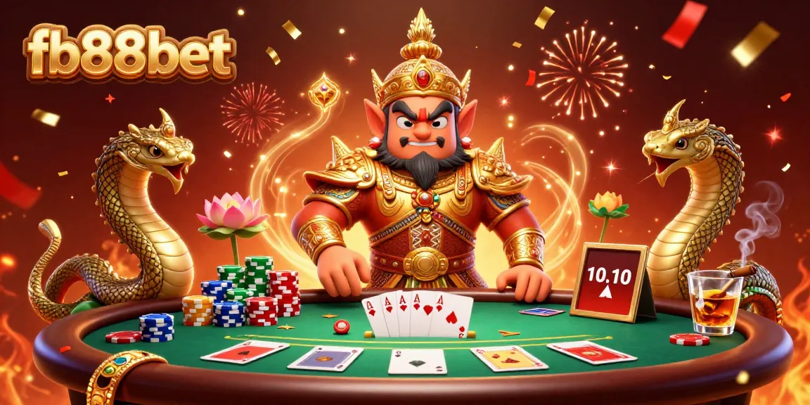 Join the excitement at fb88bet with vibrant poker action featuring 3D cartoon guardians and festive decorations.