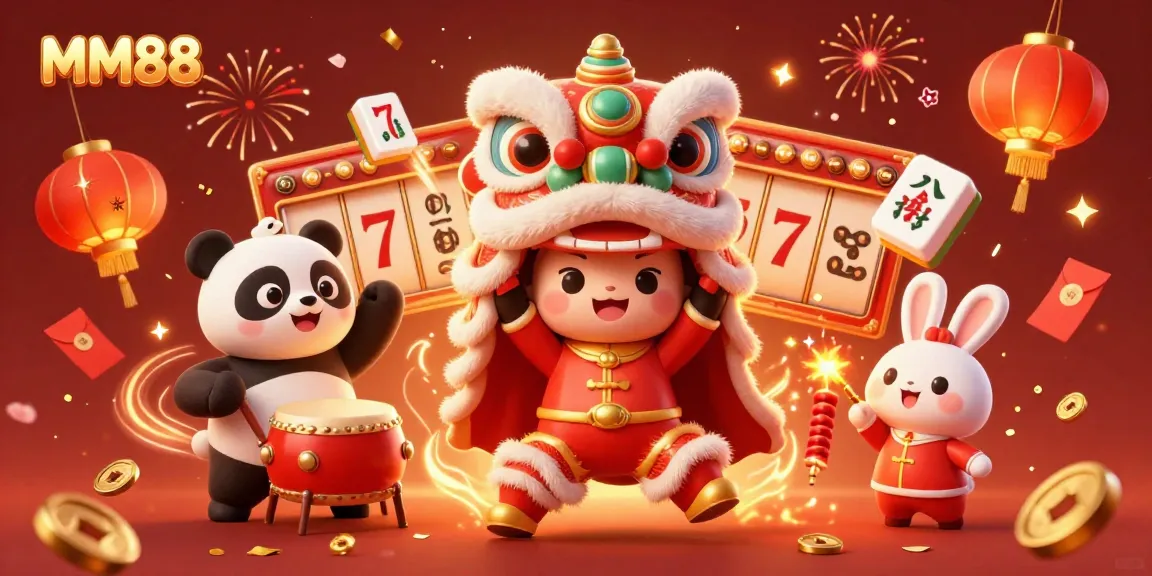 Engage in exciting gameplay at MM88 with colorful casino elements and festive characters celebrating luck and fortune.
