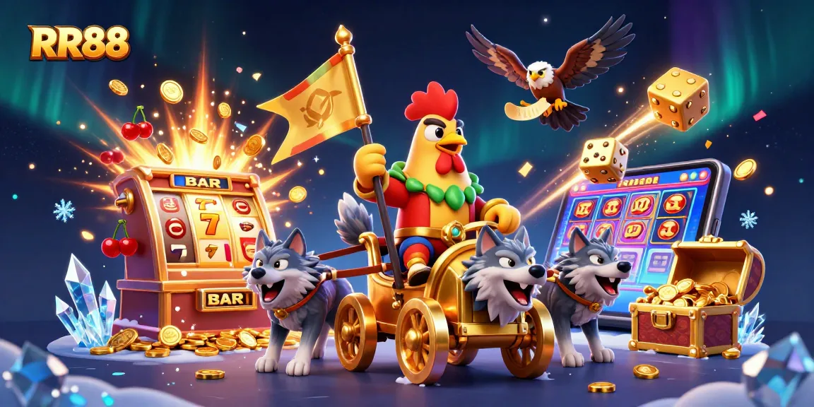 Experience thrilling gameplay at RR88 with a cartoon rooster warlord leading a jackpot explosion of vibrant casino elements.