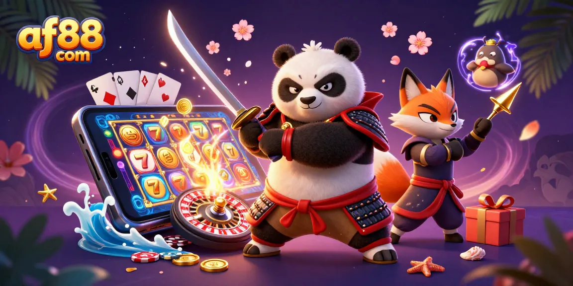 Spin to win with AF88 com in this vibrant casino scene featuring slot games and dynamic characters.