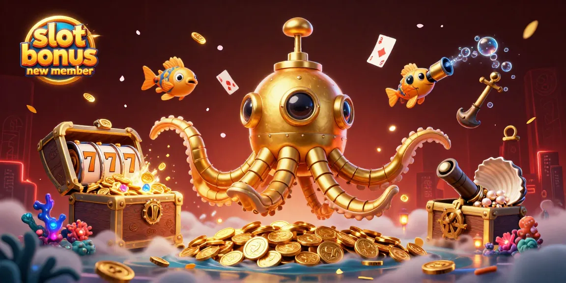 Slot bonus anggota baru memikat pemain dengan ilustrasi 3D dari kapal kraken emas dan ikan mekanik di lautan koin emas.