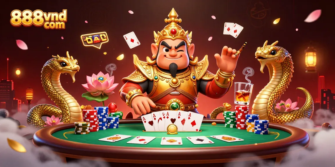 Engage in thrilling gameplay at 888vnd com featuring colorful poker tables and golden guardian.