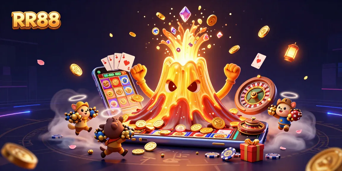 RR88 showcases an engaging 3D volcanic scene with treasure and casino elements thrilling players.