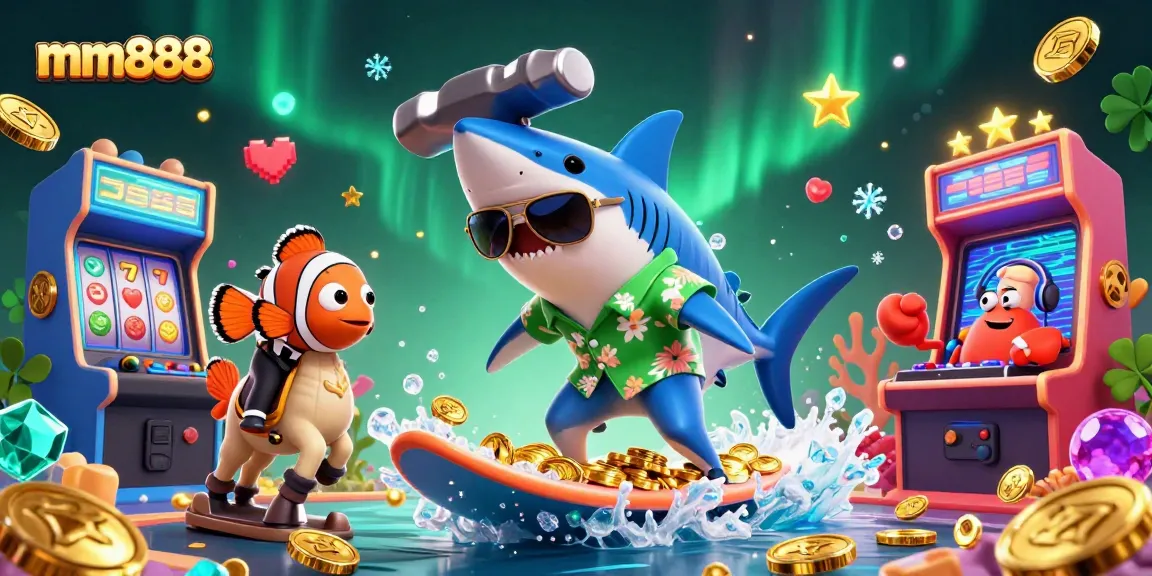 Experience thrilling games at mm888 with a 3D shark surfing on coins, showcasing casino winnings