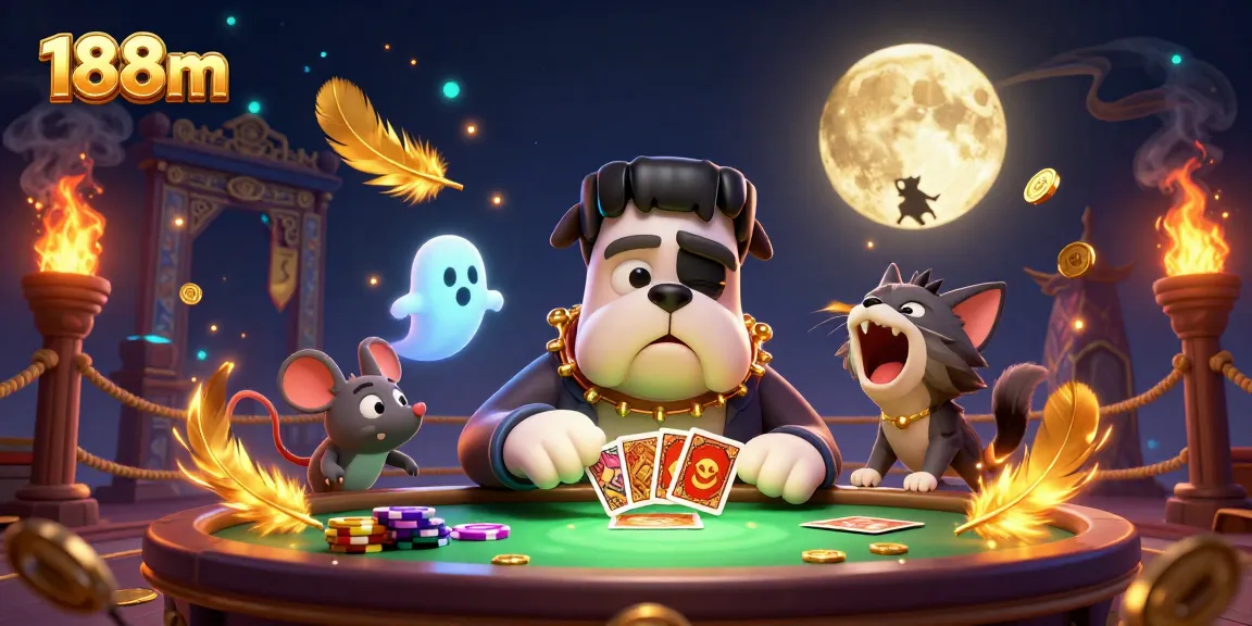 Engage in thrilling gameplay at 188m, with characters in a spooky casino setting showcasing card games and ghostly thrills.