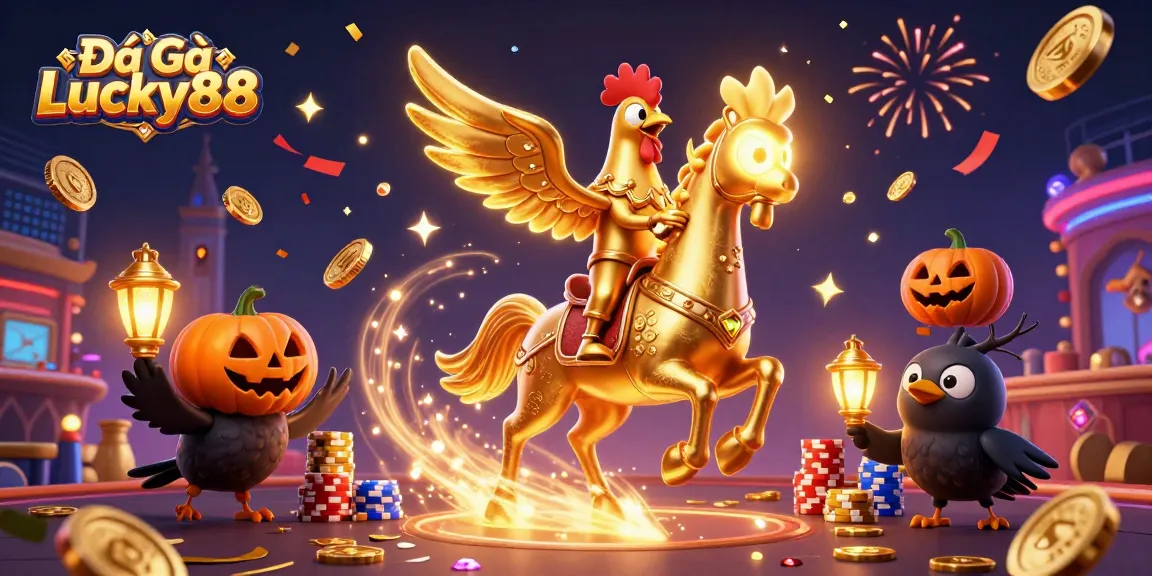 Engage in Đá Gà Lucky88 thrill with a golden rooster and festive casino elements.