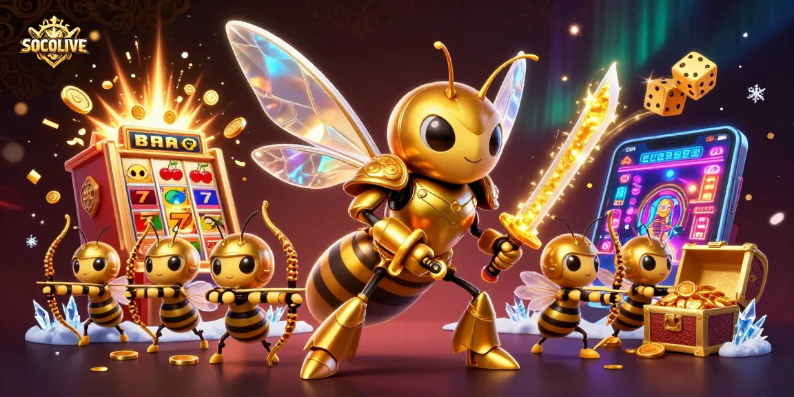 SOCOLIVE showcases a vibrant 3D illustration of a golden hornet samurai among slot machines and gaming elements, representing an exciting casino experience.