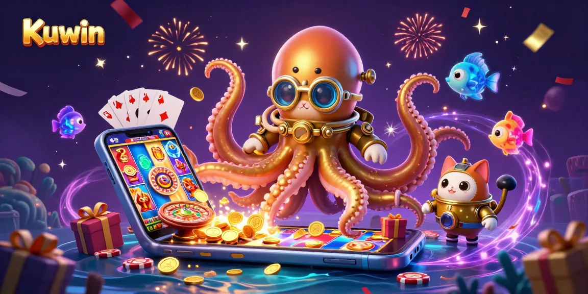 Kuwin casino offers thrilling slot games with a colossal kraken and diving cat illustration.
