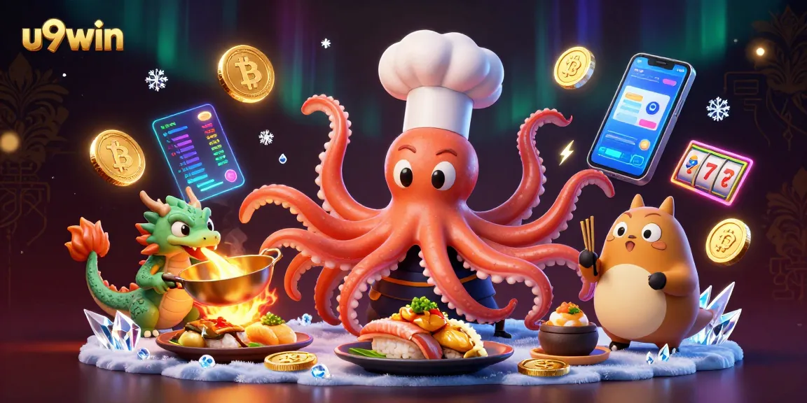 Experience thrilling wins at u9win with a vibrant 3D casino scene filled with crypto elements.