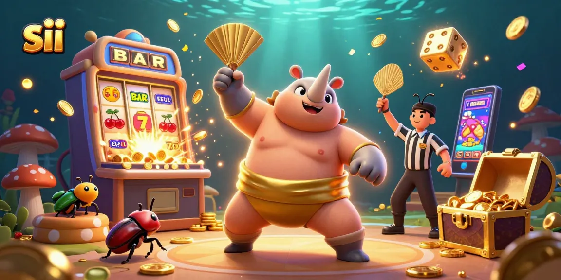 Experience thrilling wins at sii with a dynamic scene featuring a champion beetle, slot machines, and vibrant casino symbols.