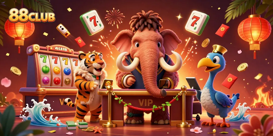 Experience the thrill of gaming at 88CLUB with vibrant casino characters and exciting slot game elements.