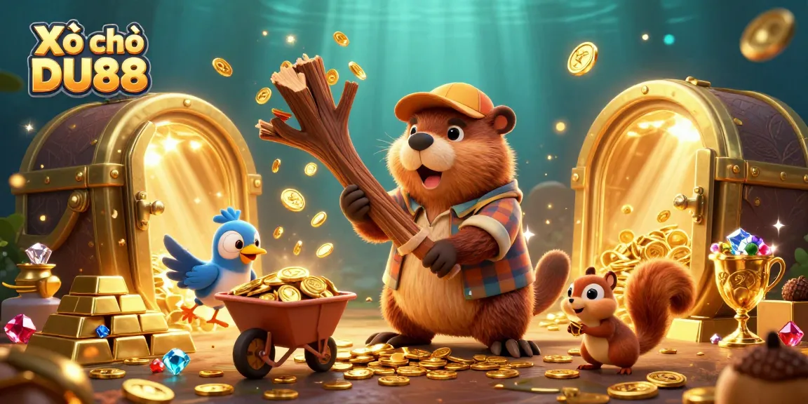 Xổ số DU88 brings excitement as cartoon characters collect gold coins and treasures in a vibrant 3D scene.