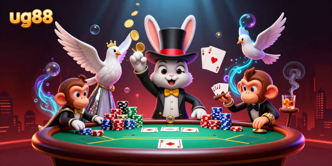Experience thrilling card games at ug88 with a magician pulling golden coins and poker chips.
