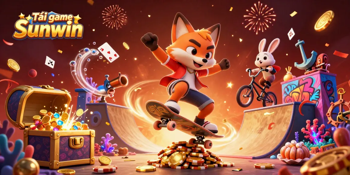 Tải game Sunwin with a vibrant illustration of a skateboarder fox and BMX rabbit surrounded by casino-themed elements.