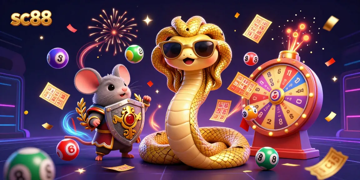 Engage with sc88's vibrant lottery scene featuring playful elements and characters in a lively 3D illustration.