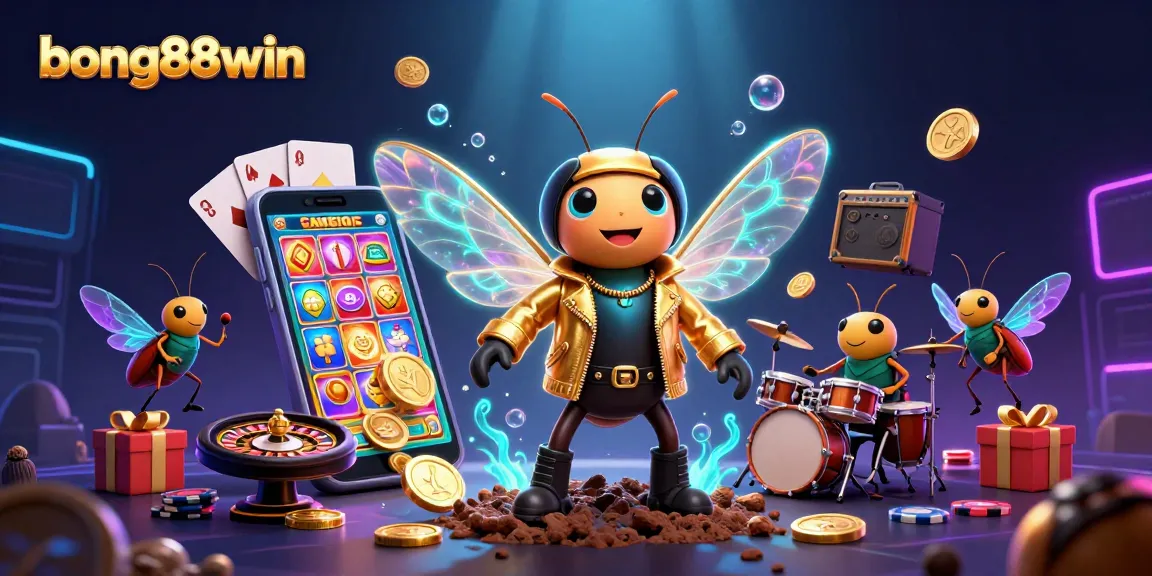Experience the excitement of gambling with bong88win in this vibrant, lively casino scene featuring a rock star cicada and dynamic gaming elements.