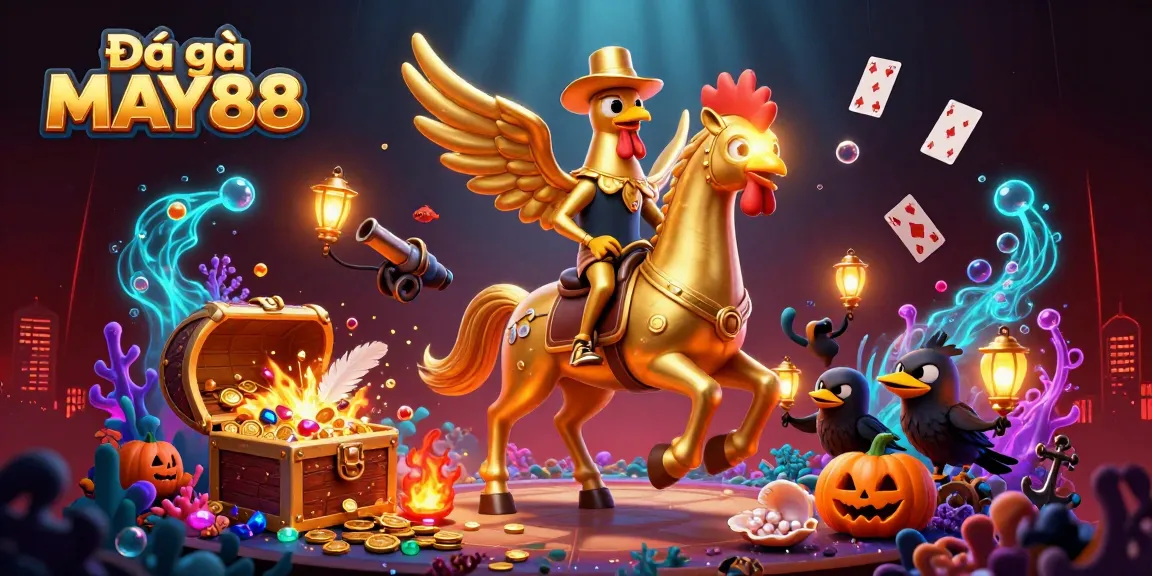 Engage in Đá gà MAY88 action with a golden rooster and dynamic casino-themed elements.