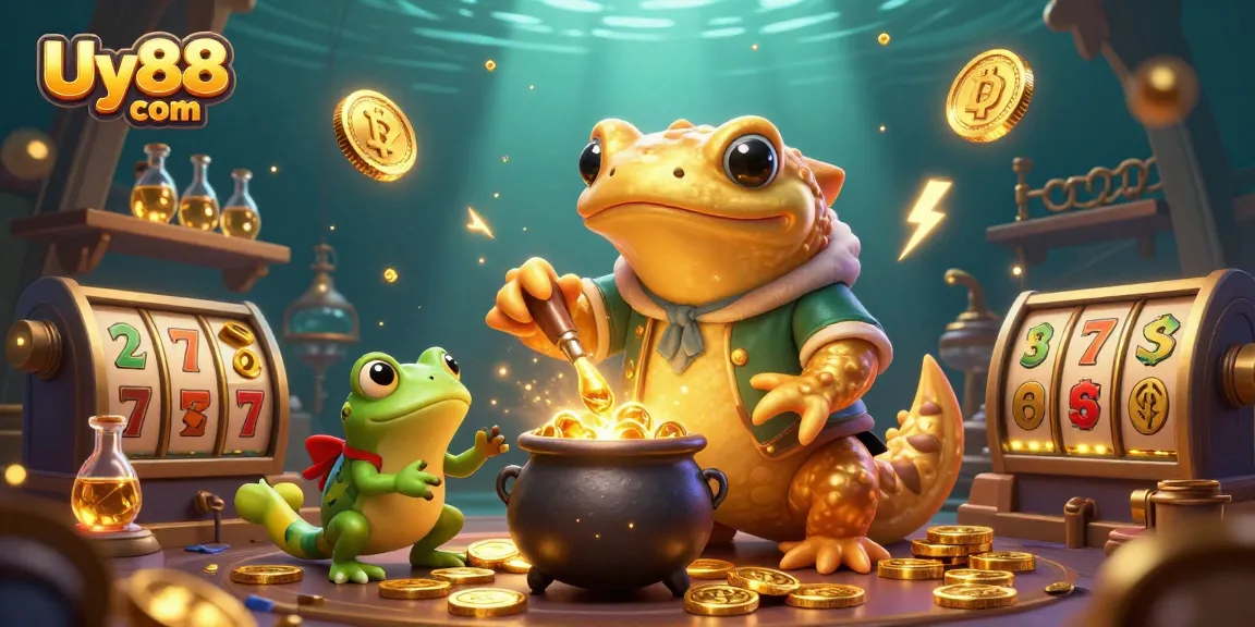 Experience gaming excitement at Uy88 com with shimmering gold coins and a magical alchemist's lab.