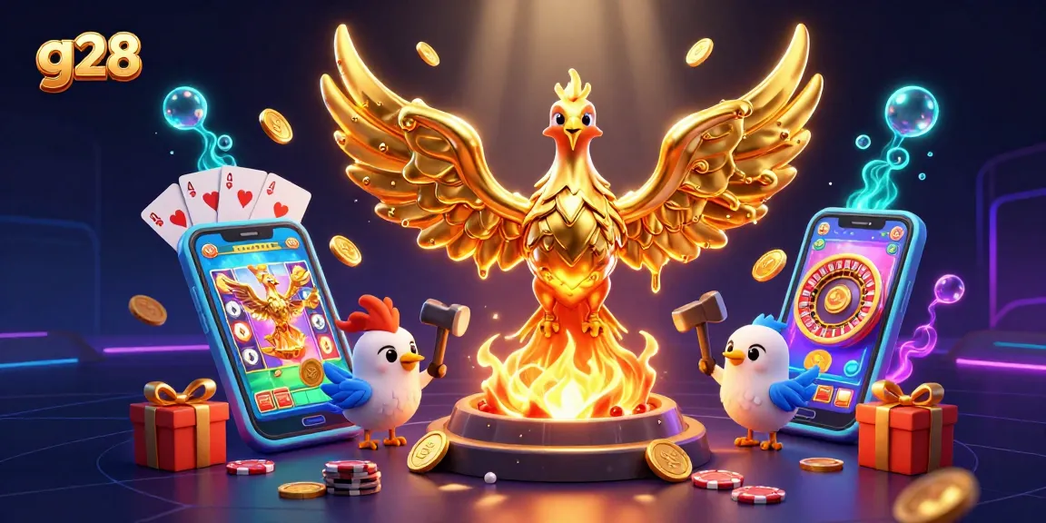 Engage with g28's thrilling scenes of a molten golden phoenix rising as coins scatter in this vibrant casino illustration.