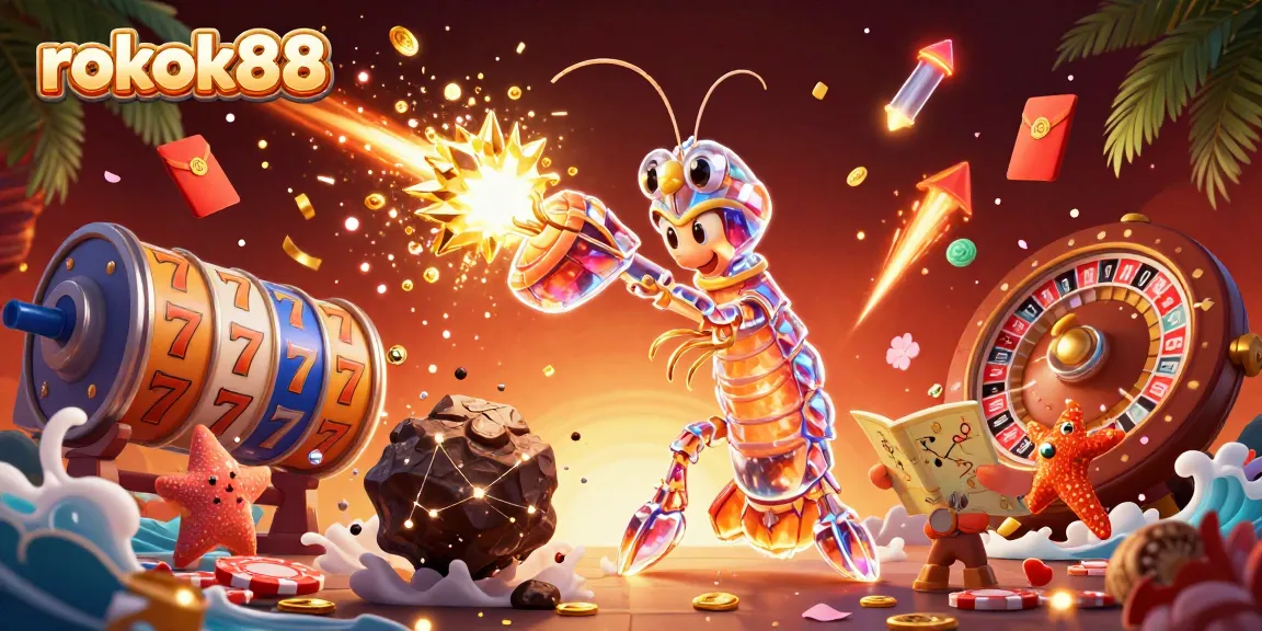 Experience the excitement of rokok88 with an animated scene of a galactic samurai mantis shrimp amidst dazzling casino elements.