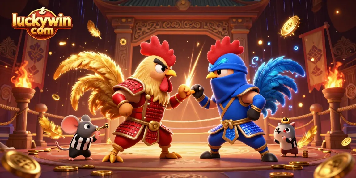 Experience thrilling action at luckywin com with a dramatic showdown of fighting roosters in a stunning arena.