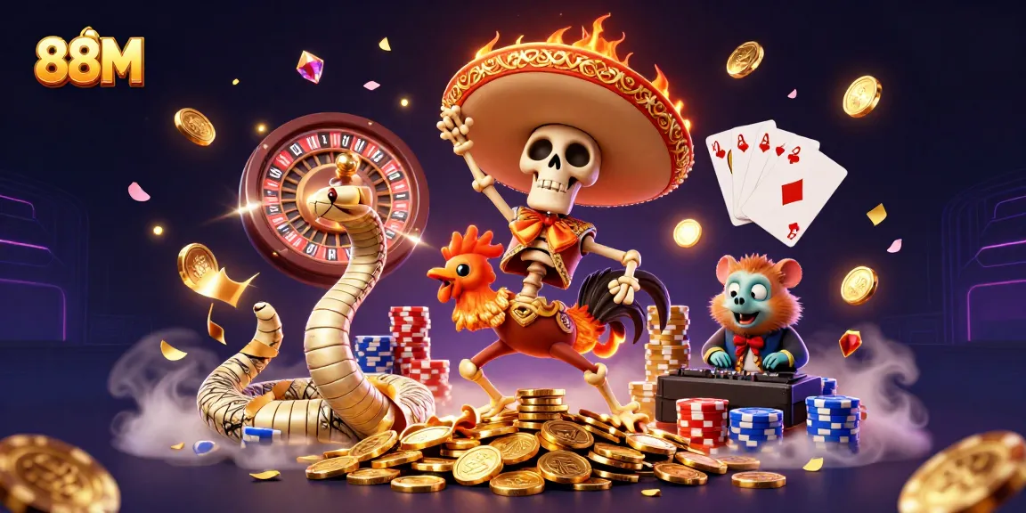 Join the excitement at 88M with colorful casino elements and animated characters celebrating big wins!