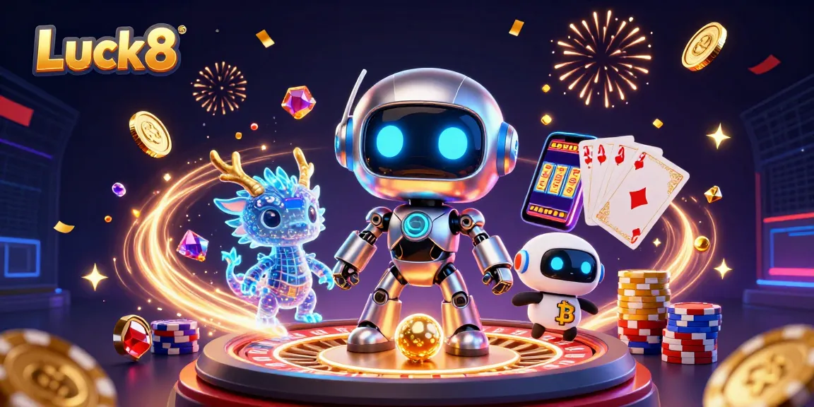 Experience thrilling wins at Luck8 with a vibrant 3D casino scene featuring a cyberpunk robot, AI dragon, and golden coins.