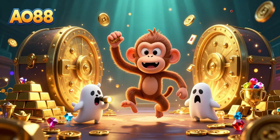 Engage with the vibrant AO88 casino scene, featuring a mischievous ghost monkey juggling golden treasures.