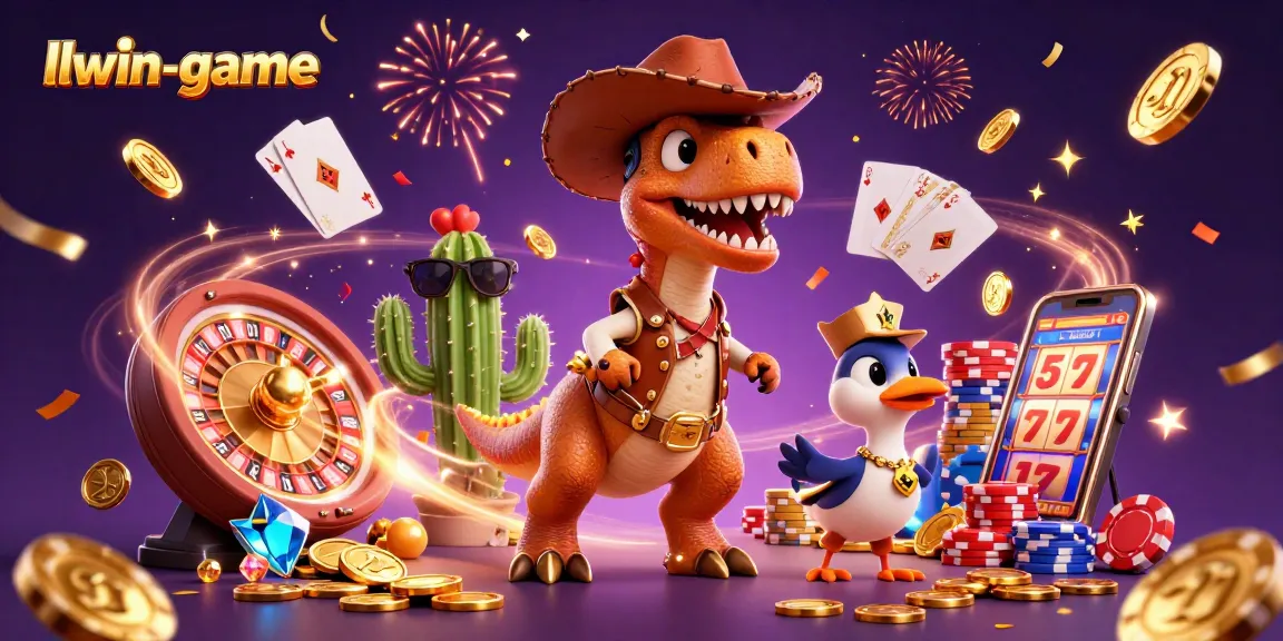 Engage in exciting gameplay at llwin-game with a colorful scene featuring T-Rex, a cactus sidekick, and a roadrunner with gold coins and a roulette wheel.